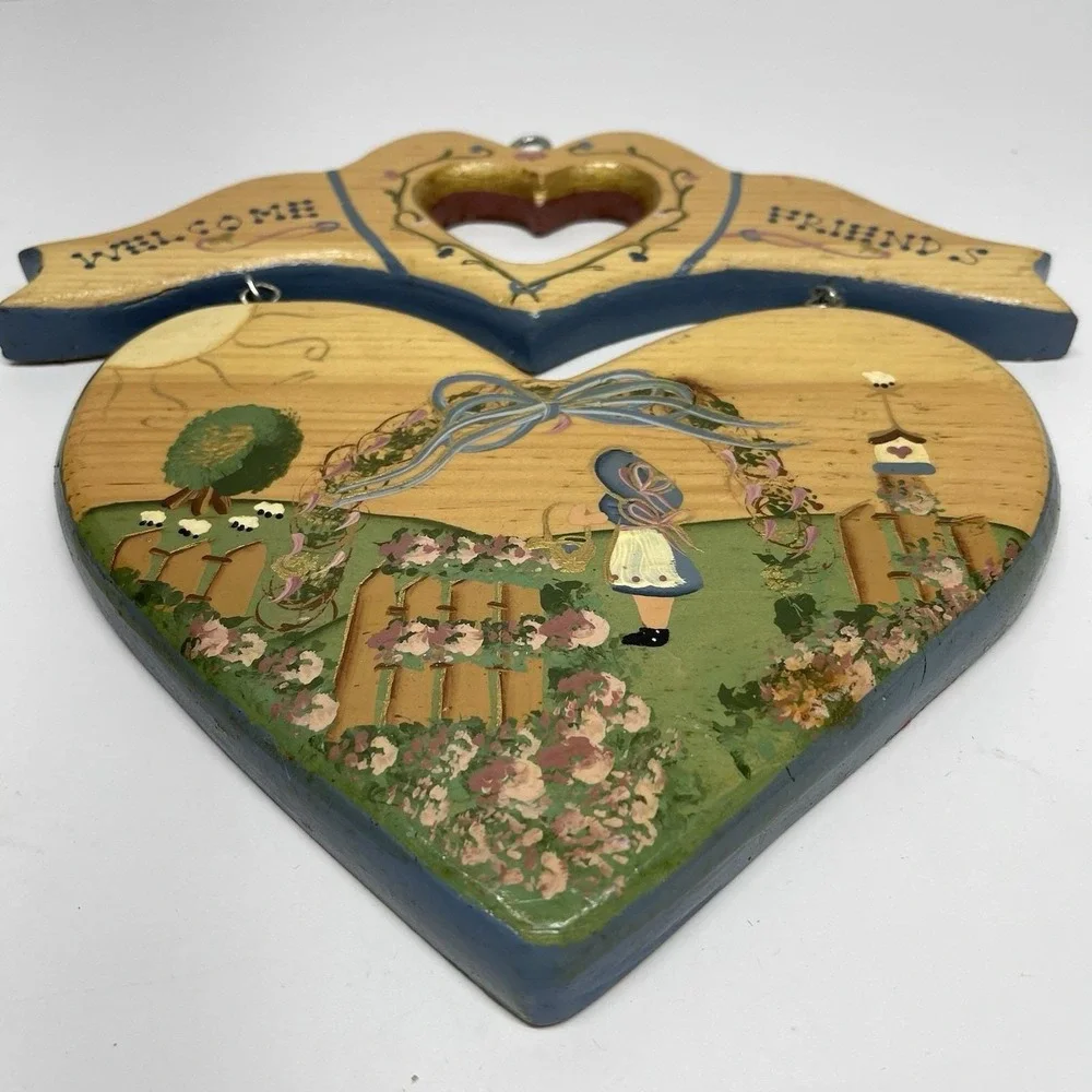 Vintage Heart Shaped Wood Folk Art Welcome Sign Handmade Country Cottage Grandma